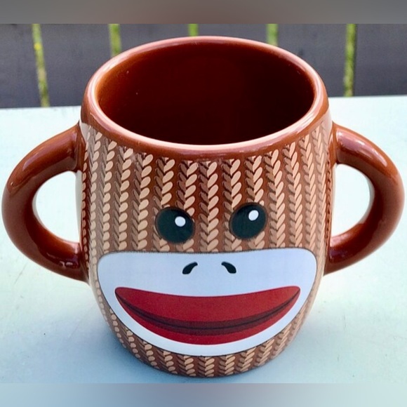 Gallerie SOCK MONKEY Double Jug Handle Brown 2 Side Cartoon Ceramic Coffee Mug - Picture 2 of 10